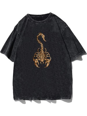 Touz Dompuleri Moda Yıkamalı Gothic Scorpion Unisex Eskitme T-Shirt