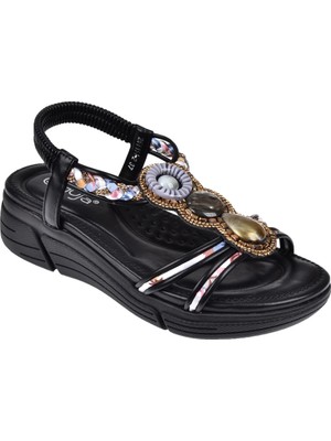 Guja Taşlı Comfort 5cm Dolgu Taban Kadın Sandalet GJ-26Y1542   Siyah