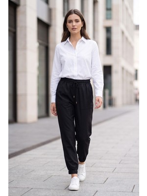 Lupinn Kadın Siyah Beli Lastikli Jogger Pantolon Cepli Bağcıklı Rahat Kesim Spor Casual Yazlık Pantolon