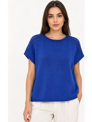 Neden Tekstil Kadın Mavi Triko Kısa Kol T-Shirt