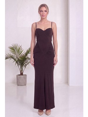 thezkscom Kadın Elbise Askılı Yan Drapeli Gloplu Maxi Boy Şık Polyester Kahverengi