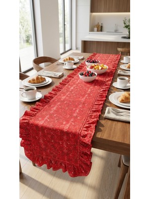 Kesene Göre %100 Pamuk Simli Kırmızı Desenli Fırfırlı Runner 40X110