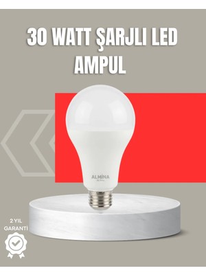 Aesco 30W Şarjlı LED Ampul E27 Duy %80 Enerji Tasarruflu Soğuk Beyaz