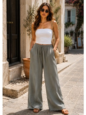 Myzen Kadın Gabardin Bol Paça Püsküllü Beli Lastikli Bağcıklı Pantolon