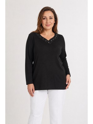 Bihan Store Kadın V Yaka Boncuk ve Taş Işlemeli Uzun Kollu Bluz Y26-703-SIYAH