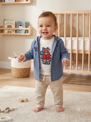 Oryeda Nakışlı Müslin Gabardin Erkek Takım 6/24 Ay Arası Beden 3'lü Erkek Bebek Takım Kapüşonlu Ceket+ Body+ Pantolon Yenidoğan Bebek Takım