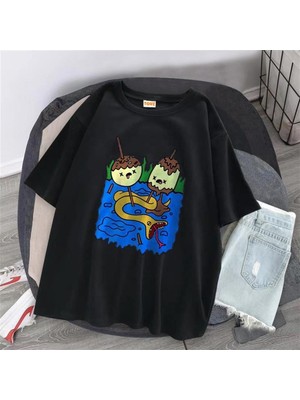 Touz Princess Bubblegum Baskılı Siyah Unisex Oversize T-Shirt