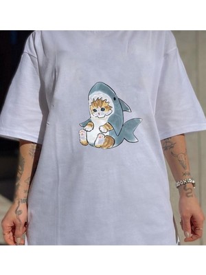 Touz Shark Cat Beyaz Unisex Oversize T-Shirt