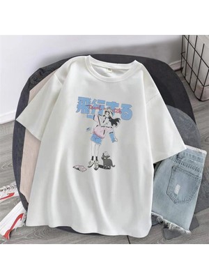 Touz Anime Girl & Cat Beyaz Unisex Oversize T-Shirt