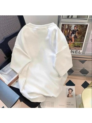 Touz Retro Vernichten Baskılı Beyaz Unisex Oversize T-Shirt