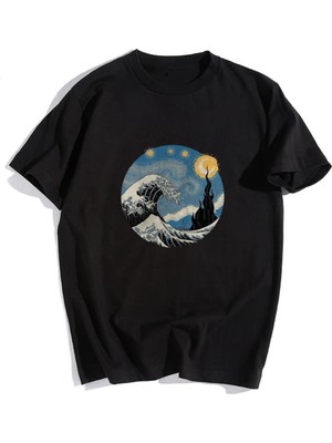 Touz Votınıty Kanagawa Oki Nami Ura Siyah Unisex Oversize T-Shirt
