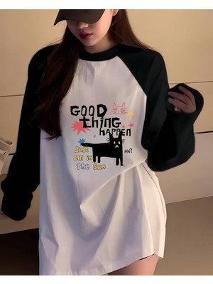 Touz Pinterest Design Reglan Uzun Kollu Baskılı Beyaz T-Shirt