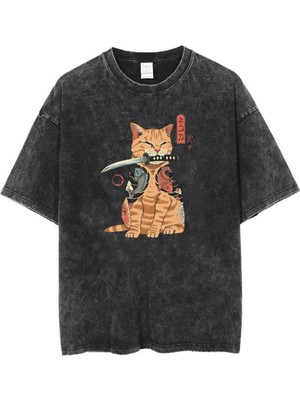 Touz Yıkamalı Killer Cat Unisex Eskitme T-Shirt
