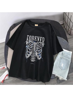 Touz Forever Rib Baskılı Siyah Unisex Oversize T-Shirt