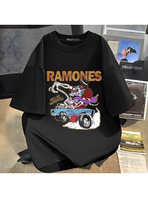 Touz Rock Serisi Ramones Baskılı Unisex Oversize  T-Shirt