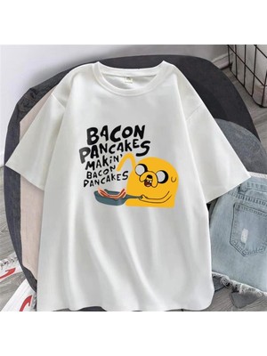 Touz Bacon Pancakes Baskılı Beyaz Unisex Oversize T-Shirt