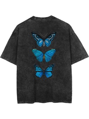 Touz Eysa Triple Blue Butterfly Sırt Baskılı Unisex Eskitme T-Shirt
