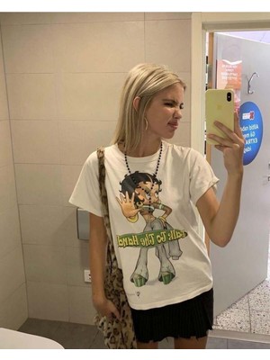 Touz Cute Betty Boop Baskılı Beyaz T-Shirt