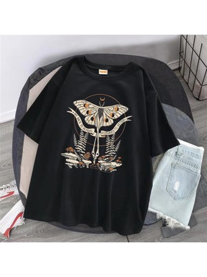 Touz Butterfly & Mushrooms Siyah Unisex Oversize T-Shirt