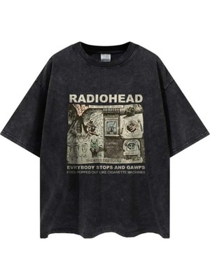Touz Yıkamalı Radiohead Poster Baskılı Unisex Oversize Vintage Eskitme T-Shirt