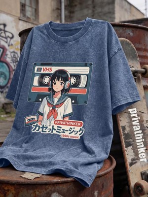 Touz Retro Anime Girl Vhs Unisex Yıkamalı Vintage Oversize T-Shirt