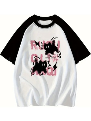 Touz Y2K Cartoon Black Pink Cat Beyaz Reglan Kol Oversize T-Shirt