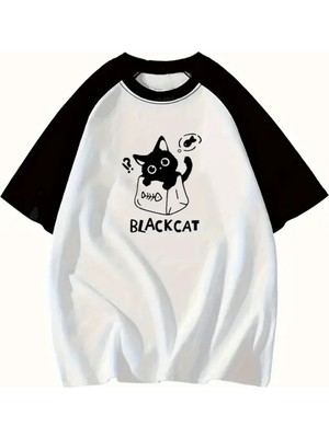 Touz Y2K Black Cat Graphic Beyaz Reglan Kol Oversize T-Shirt