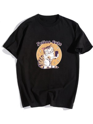 Touz Feline Cute Siyah Unisex Oversize T-Shirt