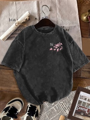 Touz Japan Sakura Baskılı Yıkamalı Vintage Unisex Oversize T-Shirt