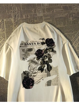 Touz Yıkamalı Streetwear Rose Baskılı Unisex Oversize Vintage T-Shirt