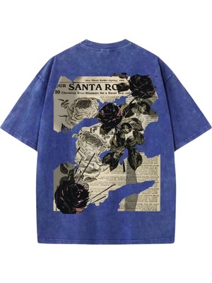 Touz Yıkamalı Streetwear Rose Baskılı Unisex Oversize Vintage T-Shirt