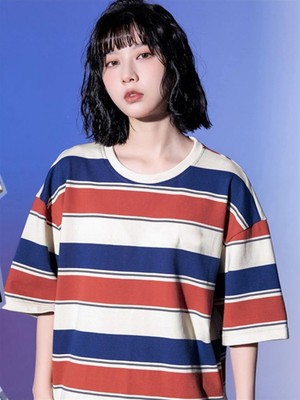 Touz Küt Küt Kırmızı Mavi Çizgili Beyaz Unisex Oversize T-Shirt