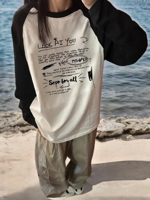 Touz Streetwear Design Reglan Uzun Kollu Baskılı Beyaz T-Shirt