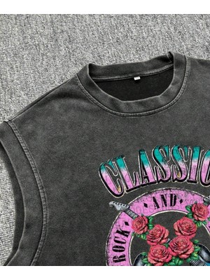 Touz Rock And Roll Kolsuz Atlet Bisiklet Yaka Yıkamalı Vintage Unisex Oversize T-Shirt
