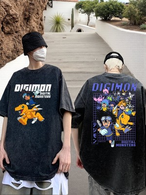 Touz Anime Digimon Baskılı Unisex Yıkamalı Vintage Oversize T-Shirt