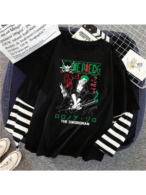 Touz Harajuku Anime One Piece Fake Sleeves Unisex Fake Kollu Siyah T-Shirt