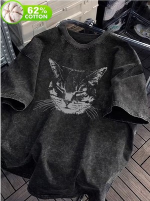 Touz Cute Sweet Cat Baskılı Unisex Yıkamalı Vintage Oversize T-Shirt