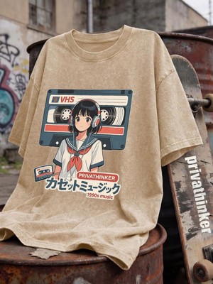 Touz Retro Anime Girl Vhs Unisex Yıkamalı Vintage Oversize T-Shirt