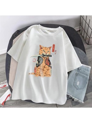 Touz Killer Cat Baskılı Beyaz Unisex Oversize T-Shirt