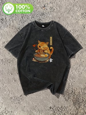 Touz Retro Sweet Cute Cat Baskılı Unisex Yıkamalı Vintage Oversize T-Shirt