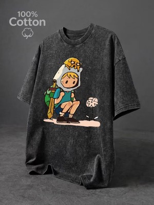 Touz Adventure Time Baskılı Yıkamalı Vintage Unisex Oversize T-Shirt