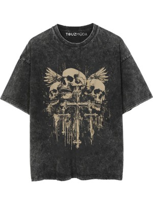 Touz Gothic Skull Cross Baskılı Unisex Oversize  T-Shirt