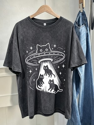 Touz Alien Cat Baskılı Yıkamalı Vintage Unisex Oversize T-Shirt