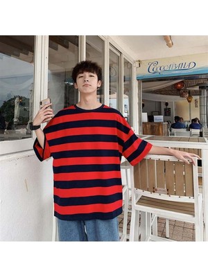 Touz Mavi Siyah Çizgili Unisex Oversize T-Shirt