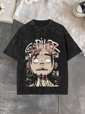 Touz Gorillaz Baskılı Unisex Yıkamalı Vintage Oversize T-Shirt