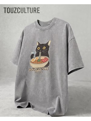 Touz Culture Cat Baskılı Yıkamalı Vintage Unisex Oversize T-Shirt