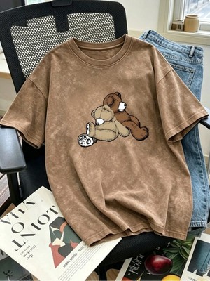 Touz Cute Best Bear's Baskılı Unisex Yıkamalı Vintage Oversize T-Shirt