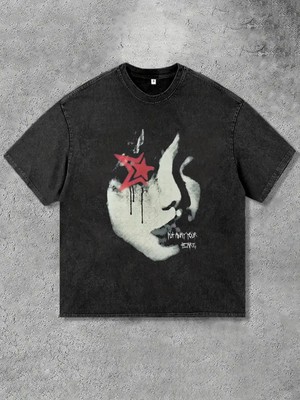 Touz Yıkamalı Star Girl Oversize Vintage T-Shirt