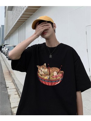 Touz My Vısıon Cat On Plate Siyah Unisex Oversize T-Shirt