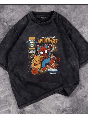 Touz Yıkamalı Spider-Cat Baskılı Unisex Oversize Eskitme T-Shirt